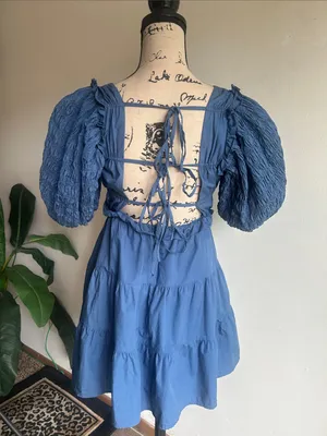 AUREUM Mini Fit And Flare Smocked Blue Dress Size Small thumbnail 7