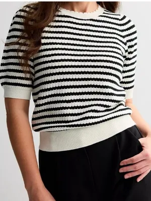 Draper James Puffed Sleeve Striped Sweater with Scalloped Detail Size Large thumbnail 1