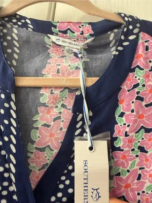 Southern Tide Navy Dress with Pink Floral & White Dot Accents thumbnail 2