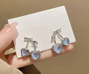 Women's Heart Shaped Cherry Stud Earrings Silver thumbnail 1