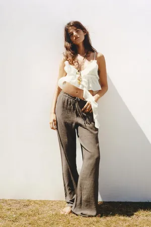 Zara Dark Olive Green Textured Loose Flowy Flare Pants Drawstring Boho Trousers thumbnail 8