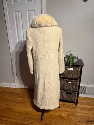 MADELINE by Alorna Wool Textured Tweed Dyed Fox Finland Cream Long Coat Fox Fur Collar Sz 12 thumbnail 3