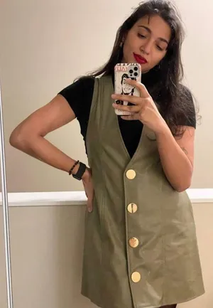 ZARA Mini PINAFORE FAUX LEATHER A-LINE V-Neck DRESS W/ BUTTONS Green SIZE S NEW thumbnail 7