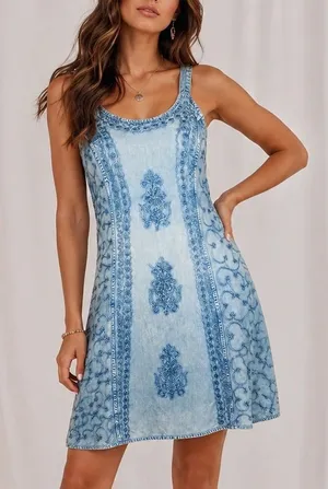 Sopogee Vintage Embroidered Chambray Dress Blue Rayon Sleeveless SizeLarge(1409) thumbnail 1