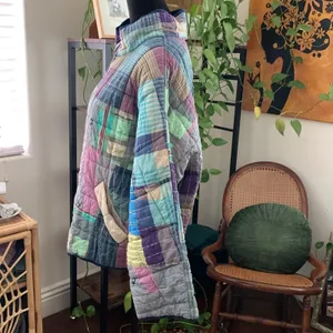 Free People Madras Plaid Kantha Quilted Dolman Preppy Hamptons Bomber Jacket thumbnail 2