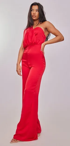 NWT PrettyLittleThing Red Draped One Shoulder Satin Wide Leg Jumpsuit thumbnail 2