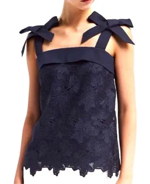 Banana Republic Limited Edition Navy Lace Overlay Bow-Shoulder Sleeveless Blouse thumbnail 1