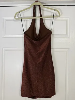 Bronze Glittery Halter Mini Dress Brown Size XS thumbnail 2