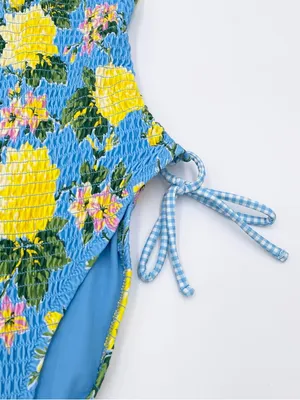 Aerie Smocked Plunge One Piece Swimsuit Size Small Blue Yellow Floral Beachy thumbnail 8