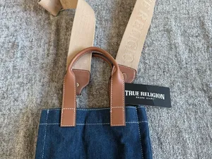 True Religion Navy Denim Mini Tote with Brown Leather Accents thumbnail 9