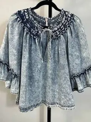 Free People Top Acid Wash Ruffle Bell Sleeve Boho Women's Med Blue Boho Cotton thumbnail 1