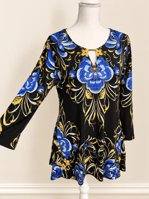 JM Collection Floral Rhinestone Keyhole Tunic Top M Black Blue Gold Floral Glam thumbnail 4