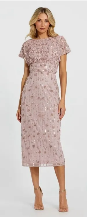 MAC DUGGAL 94117 Pink Cap Sleeve Column Midi Dress With Floral Beading thumbnail 1