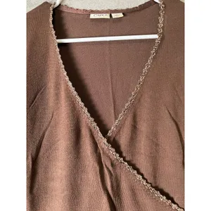 Vintage Y2K Brown Faux Wrap Top Metallic Beaded Trim 3/4 Sleeve Fairy Grunge L thumbnail 2