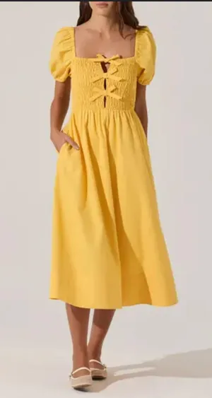 ASTR The Label Bow Detail Smock Bodice Dress in Mustard thumbnail 1