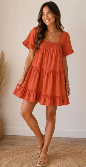 Lumière Rust Babydoll Mini Dress NWT Medium Square Neck Ruffle Sleeve thumbnail 1