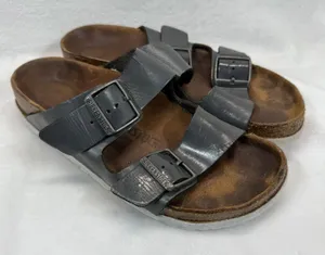 Birkenstock Arizona Leather Sandals Gray Two‎ Strap Slides EU 38N US 7 READ thumbnail 1
