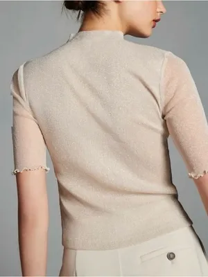 Anthropologie Lurex Mesh Top Mock Neck Lettuce Edge Knit Top thumbnail 2