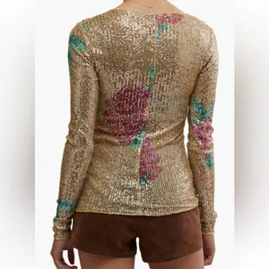 Free People Gold Rush Floral Sequin Top, Champagne/Pink,‎ Medium, NWOT thumbnail 11