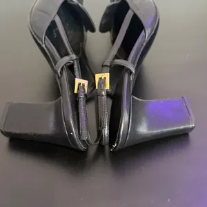 Vintage Prada Black Leather Square Toe Slingback Pump Size 35.5 Gold Buckle y2k thumbnail 10
