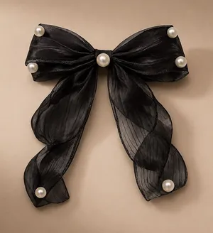Black Sheer Bow Barrette with Pearl Accents thumbnail 1