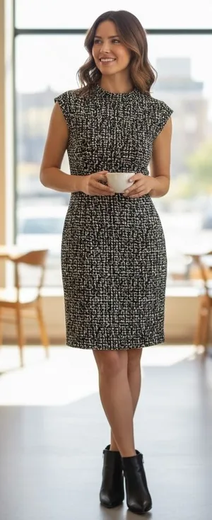 JONES WEAR DRESS Black White Tweed Cap‎ Sleeve Sheath Knee Length Size 8 thumbnail 1
