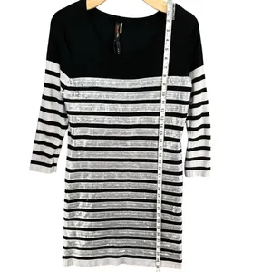 Renee C Sequin Sweater Dress Womens M‎ White Black Stripe Silver Party Holiday thumbnail 8