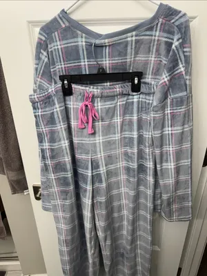 Women's Plaid Long-Sleeve Pajama Set - Gray with Pink & Light Blue thumbnail 3