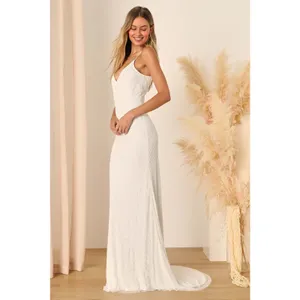 Lulus Cherished Vow White Beaded Backless Mermaid Dress Elegant Train Medium thumbnail 9
