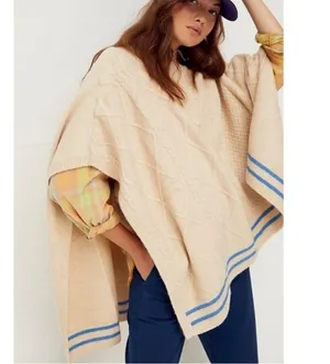 Free People Cream Harbour Stripe Cable knit Poncho Sweater Sz O/S NWT thumbnail 11