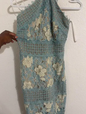 Foxiedox NWT Crochet Lace Halter Maxi Dress in Light Blue and Cream thumbnail 2