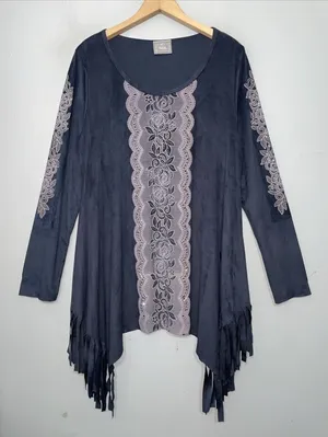 Vocal Tunic Top Size XL Gray Faux Suede Fringed Silver Studded Whimsigoth Punk thumbnail 1