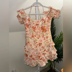 Bardot Caitlyn Peach Floral Off-the-Shoulder Ruffle Tiered‎ Mini Dress Medium thumbnail 4