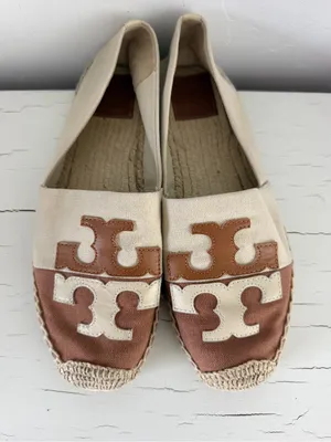 Tory Burch Double T Logo Canvas Espadrille Flats Brown Cream Size 9 thumbnail 3