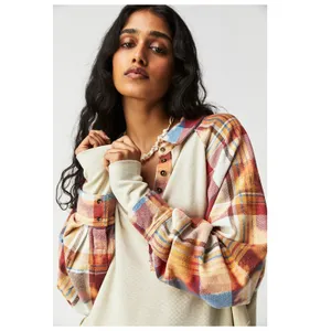 FREE PEOPLE Isabelle Plaid Trim Thermal Henley In Mink Combo Size Large thumbnail 3