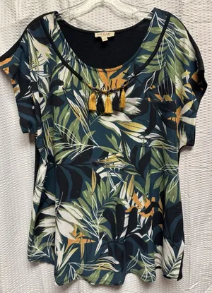 With Love Women's Tropical Leaf Green Yellow‎ Brown Tassel Necklace Blouse SZ L thumbnail 1