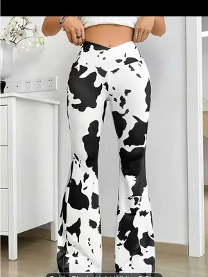 Y2K Western Flare Leggings Black White Cow Print Bell Bottom Pants thumbnail 2