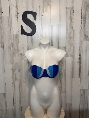 SheIn Blue Colorblock Scalloped Strapless Bikini Top Swimsuit Womens Small Push Up thumbnail 2