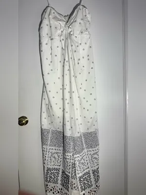 Anthropologie Strapless Deco White Patterned Maxi Summer Dress Linen Cotton thumbnail 12