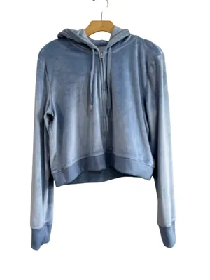 Aerie Cropped Velour Hoodie Light‎ Blue Y2K Soft Cozy Zip Sweatshirt XL thumbnail 1