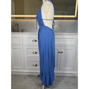 Blue Maxi Dress Womens XS Open Back Smocked Tie Ruffle Hem Boho Vacation Resort thumbnail 7