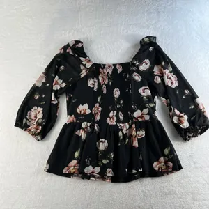 Ember‎ M Medium Top Black Milkmaid Sheer Y2K Whimsigoth Whimsical Fairy Smocked thumbnail 10