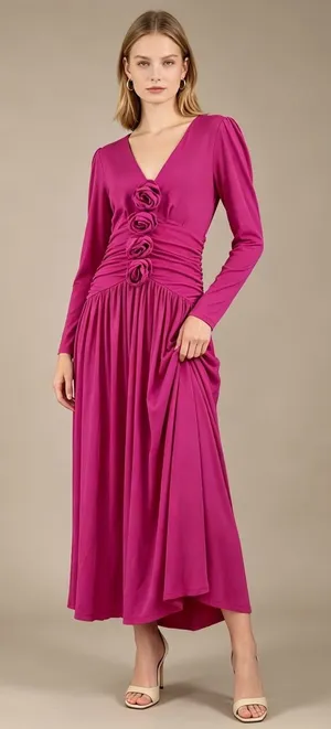NWOT Farm Rio Pink 3d Roses Long Sleeve Draped Midi Dress Size S thumbnail 1