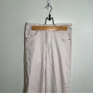 Q2 Premium Denim Womens Sz XS Wide Leg Pants Leopard Print Trim Cream Light Pink thumbnail 3