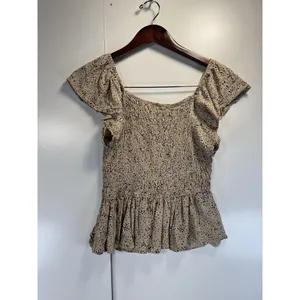 Japna‎ Ruffled Sleeve Smocked Peplum Top, Beige and Black Polka Dot, Square Neck thumbnail 6