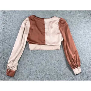Altar'd State Crop Top Women M Colorblock Satin V-Neck Bishop Sleeve‎ Blush Chic thumbnail 2