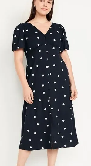 Old Navy Midi Dress Navy Polka Dot Button Front Smocked Modest Church Work Large thumbnail 1