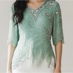 Handmade Vintage 90s Beaded Sequin Seagreen Fairycore Asymmetrical Hem Formal blouse thumbnail 15