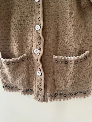 Brown Knit Short Sleeve Cardigan Sweater Large Embroidered Grandpa Folk Cottage thumbnail 4