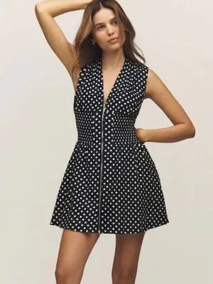 Anthropologie Tommie Cap sleeve Navy and Yellow Polka Dot Zip-Front Mini Dress thumbnail 2
